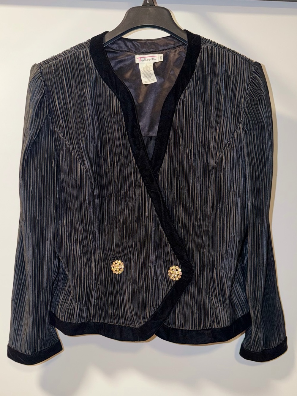 Talbots Black Pleated Blazer with Velvet Trim and Gold Flower Buttons